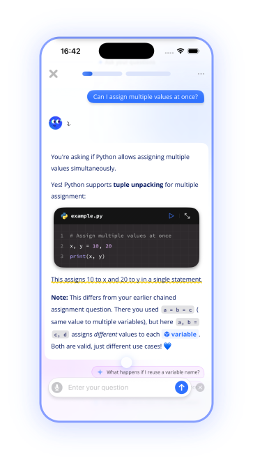 Weelee AI tutor answering a Python question
